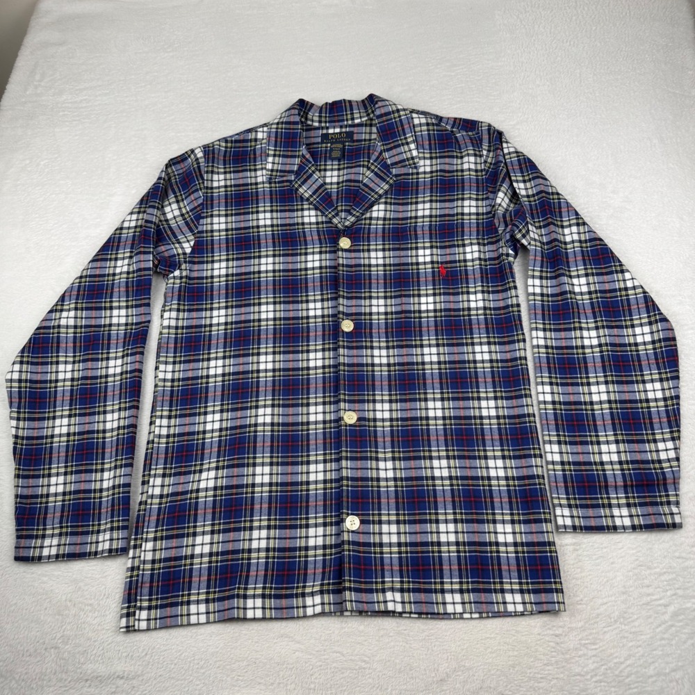 Polo Ralph Lauren Pajama Top Mens Small Blue Plaid Cotton Long Sleeve Button Up